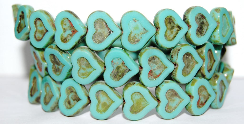 Table Cut Heart Beads With Heart, Turquoise Travertin (63130 86800), Glass, Czech Republic