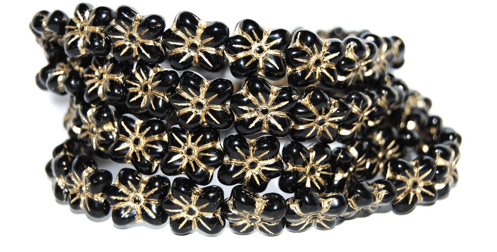 Flower Pressed Glass Beads, Black 54202 (23980 54202), Glass, Czech Republic
