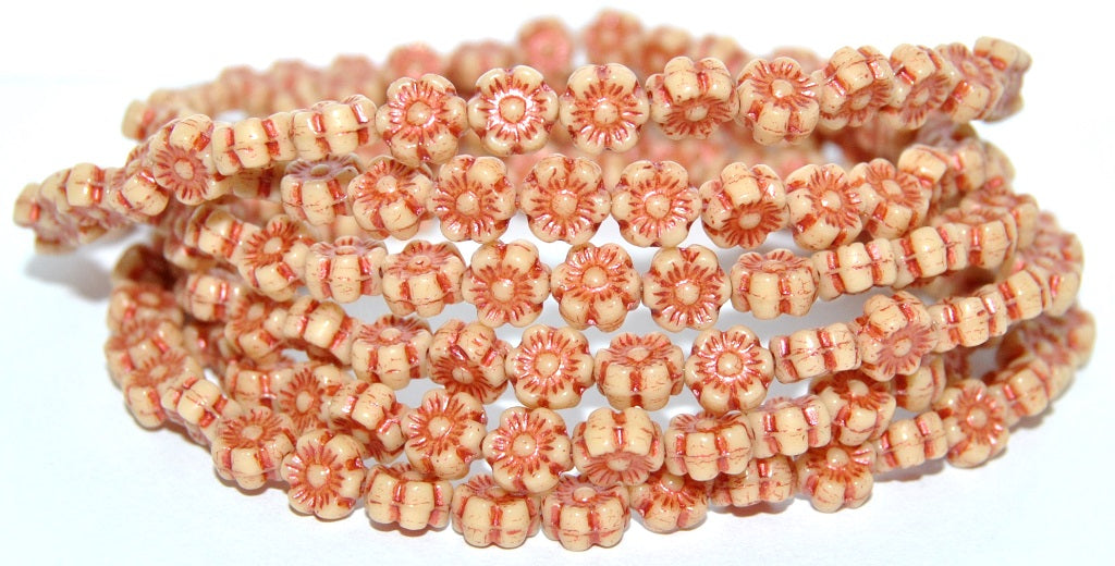 Hawaii Flower Pressed Glass Beads, Beige 43806 Metalic (13020 43806 Metalic), Glass, Czech Republic