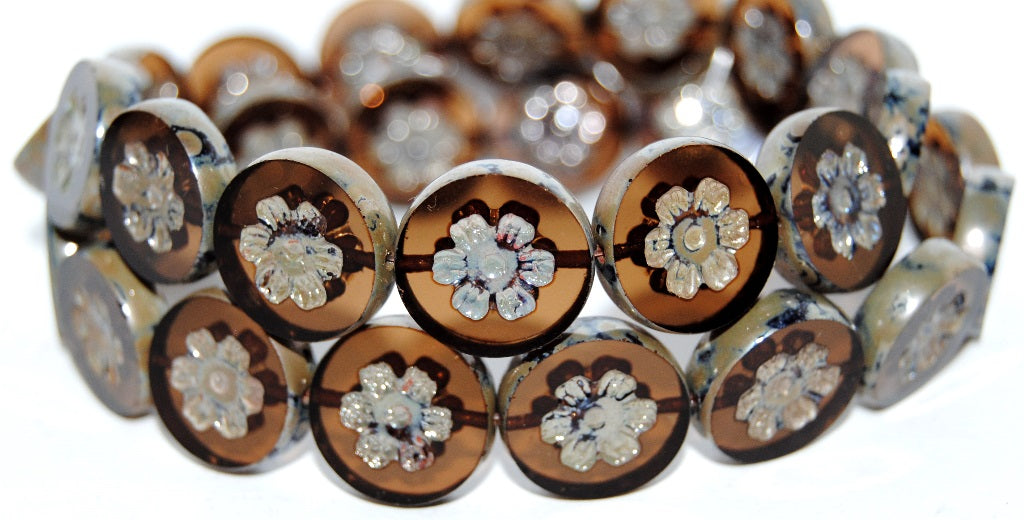 Table Cut Round Beads With Flower, Transparent Brown 43400 (10210 43400), Glass, Czech Republic