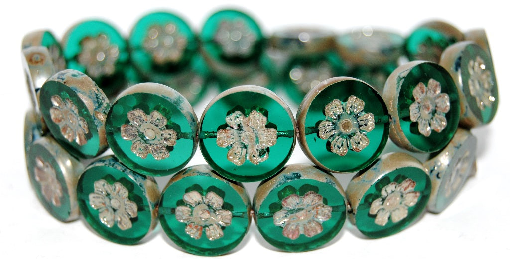 Table Cut Round Beads With Flower, Transparent Green Emerald 43400 (50710 43400), Glass, Czech Republic