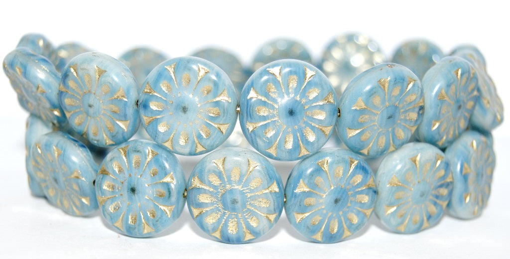 Flat Round With Flower Pressed Glass Beads, (65000 54202), Glass, Czech Republic