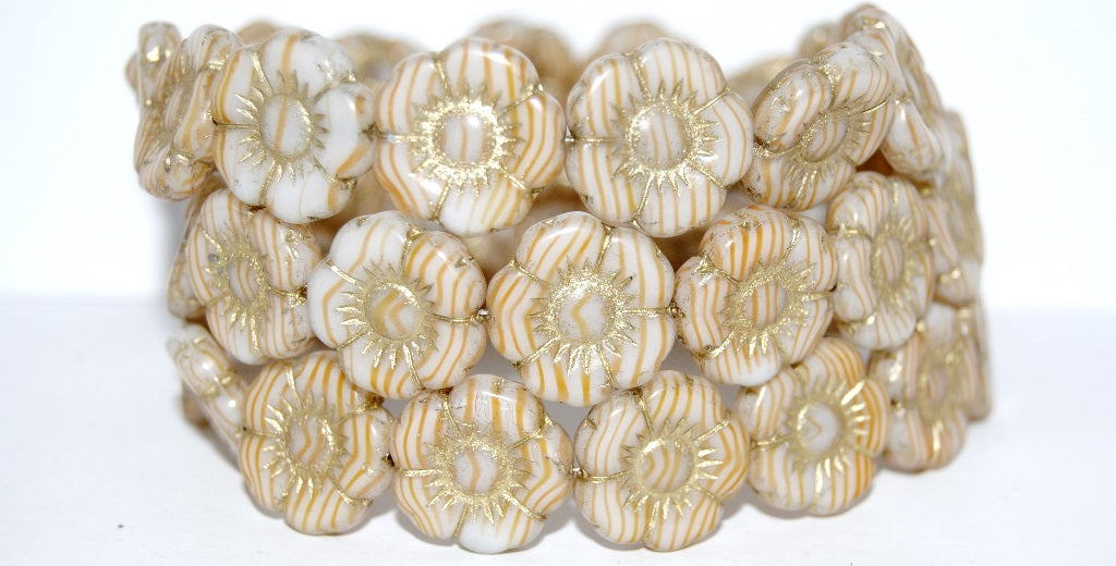 Round Flat Flower Pressed Glass Beads, Orange 54202 (8902 54202), Glass, Czech Republic