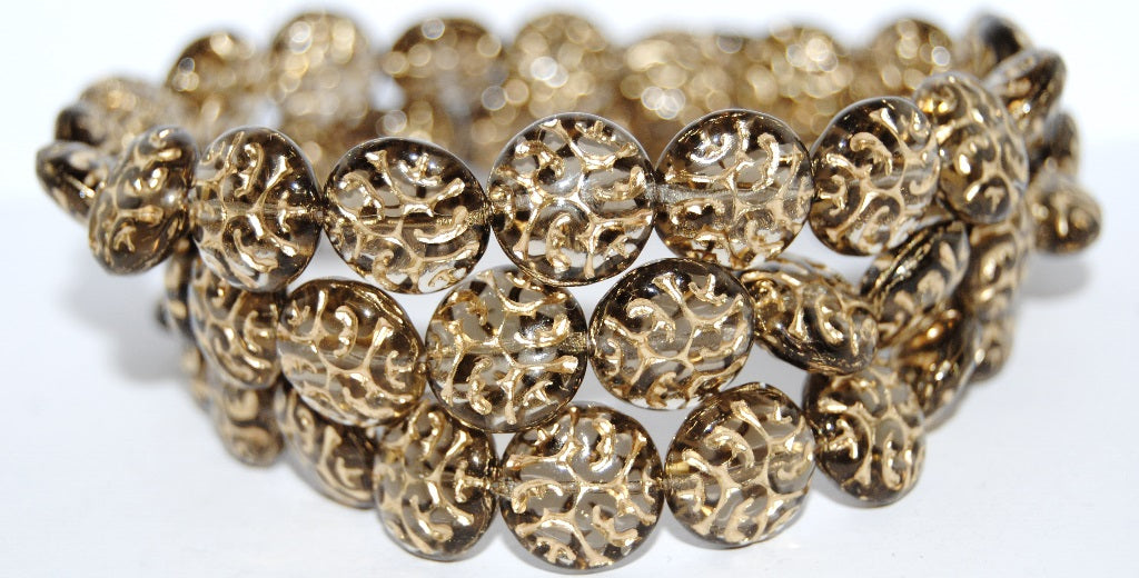 Lentil Round With Ornament Brain Pressed Glass Beads, (40020 54202), Glass, Czech Republic