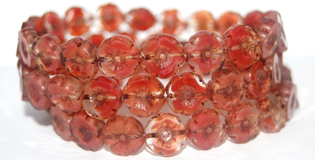 Table Cut Round Beads Hawaii Flowers, Orange Travertin (96028 86800), Glass, Czech Republic