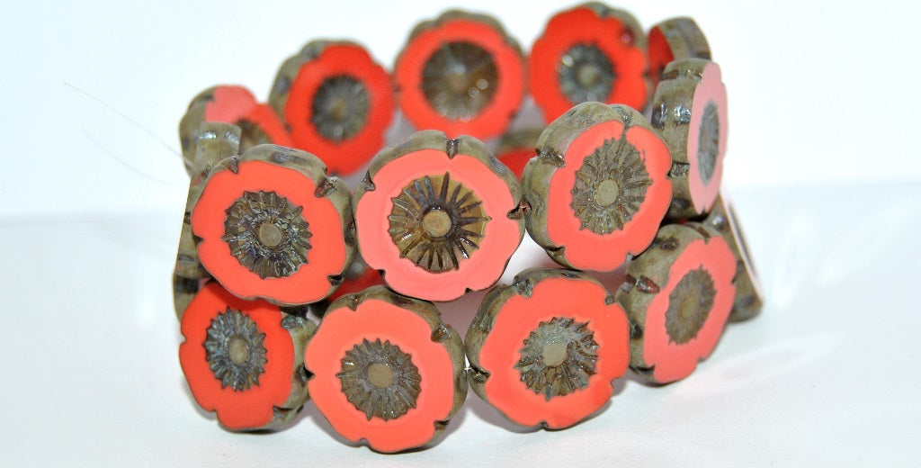 Table Cut Round Beads Hawaii Flowers, Red 86801 Matte (93400 86801 M), Glass, Czech Republic