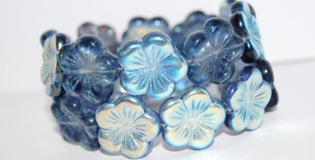 Round Flower Hibiskus Pressed Glass Beads, Transparent Dark Blue Ab (30320 Ab), Glass, Czech Republic