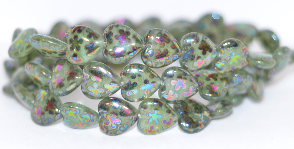 Heart Pressed Glass Beads, Mixed Colors Opal Green Flower 2Xside (Mix Opal Green Flower 2Xside), Glass, Czech Republic