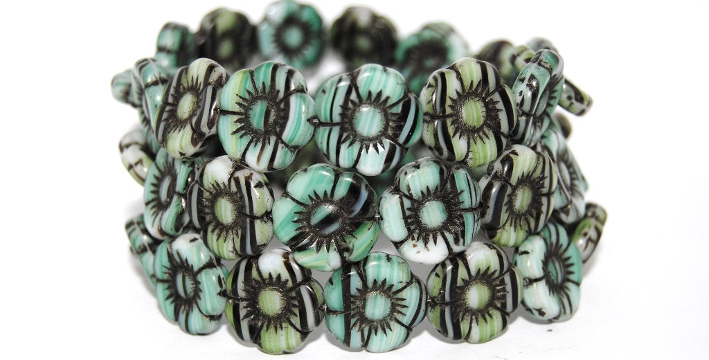 Round Flat Flower Pressed Glass Beads, Green Mixed Colors 23202 (Green Mix 23202), Glass, Czech Republic