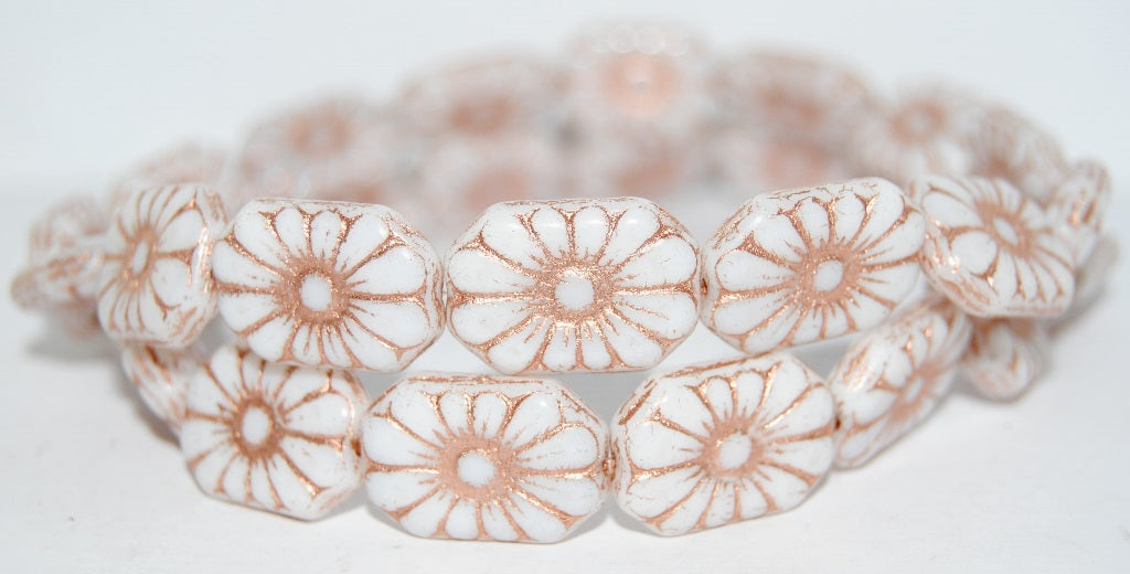 Rounded Rectangle With Flower Pressed Glass Beads, White 54200 (2010 54200), Glass, Czech Republic