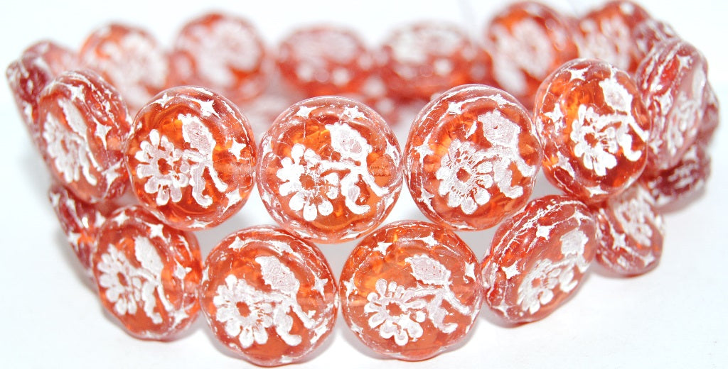 Round Flat With Flower Marguerite Pressed Glass Beads, Opal Pink 46401 (71010 46401), Glass, Czech Republic