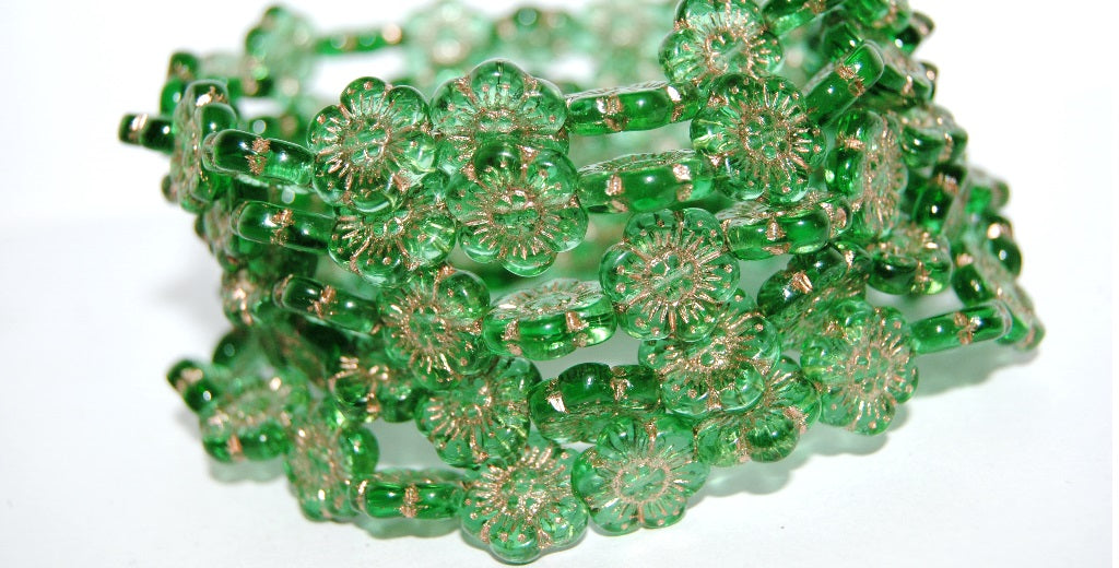 Flower Pressed Glass Beads, Emerald Green 54200 (50120 54200), Glass, Czech Republic