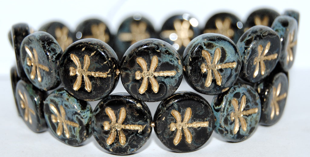 Round Flat Wit Dragonfly Pressed Glass Beads, Black 86 54202 (23980 86 54202), Glass, Czech Republic