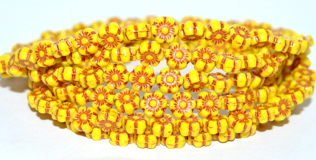 Hawaii Flower Pressed Glass Beads, Yellow 43806 Metalic (83120 43806 Metalic), Glass, Czech Republic