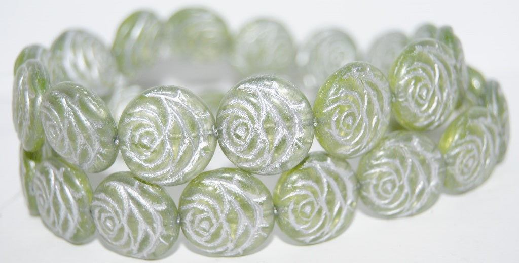 Round Flat Rose Flower Pressed Glass Beads, Transparent Yellow 54201 (80130 54201), Glass, Czech Republic