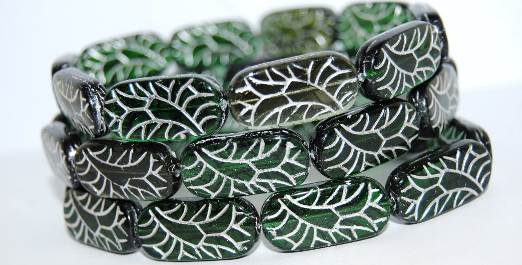 Rectangle With Ornament Pressed Glass Beads, Green Mixed Colors 2 54201 (Green Mix 2 54201), Glass, Czech Republic