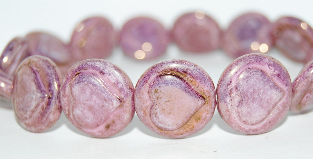 Round Flat Wit Convex Heart Pressed Glass Beads, White Luster Violet Full Coated (2010 14496), Glass, Czech Republic