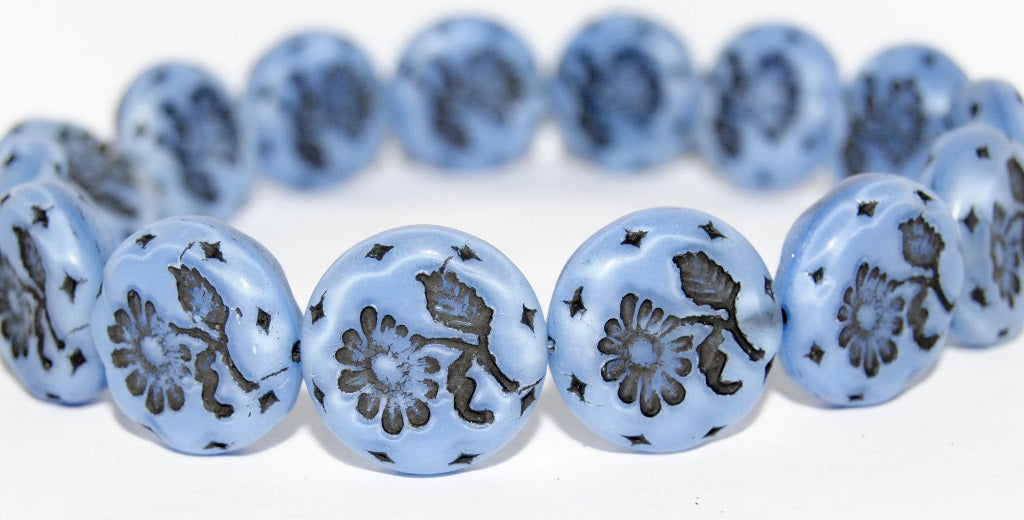 Round Flat With Flower Marguerite Pressed Glass Beads, Turquise 23202 (64020 23202), Glass, Czech Republic