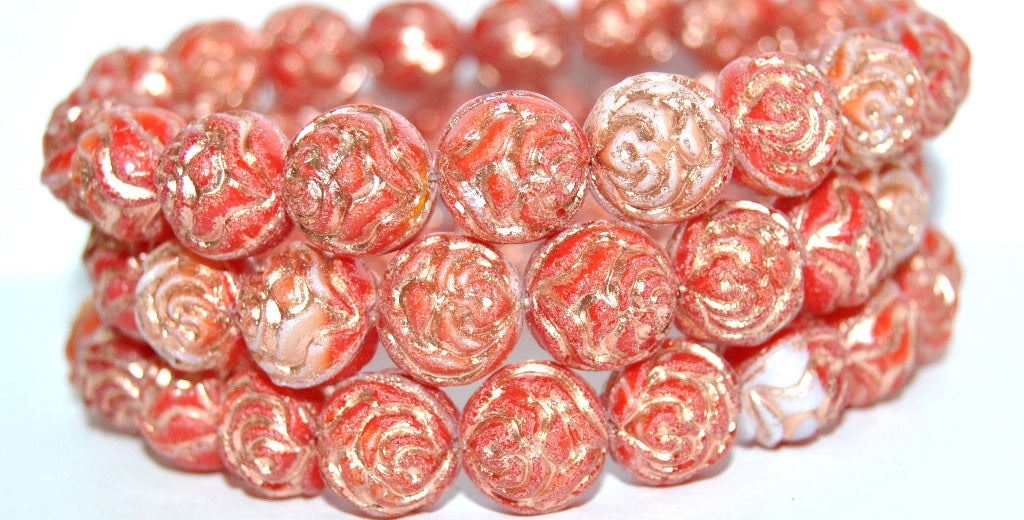 Round Rose Pressed Glass Beads, Coral 54200 (7913 54200), Glass, Czech Republic