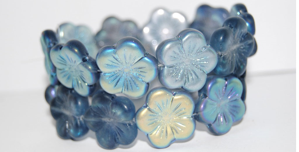 Round Flower Hibiskus Pressed Glass Beads, Transparent Dark Blue Abm (30320 Abm), Glass, Czech Republic