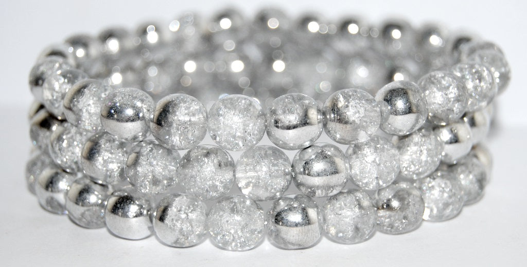 Round Pressed Glass Beads Druck, Crystal Silver Half Coating Crack (27001 Crack), Glass, Czech Republic