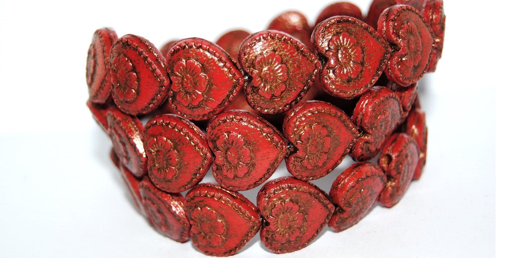 Heart With Flower Pressed Glass Beads, (93400B 46415), Glass, Czech Republic