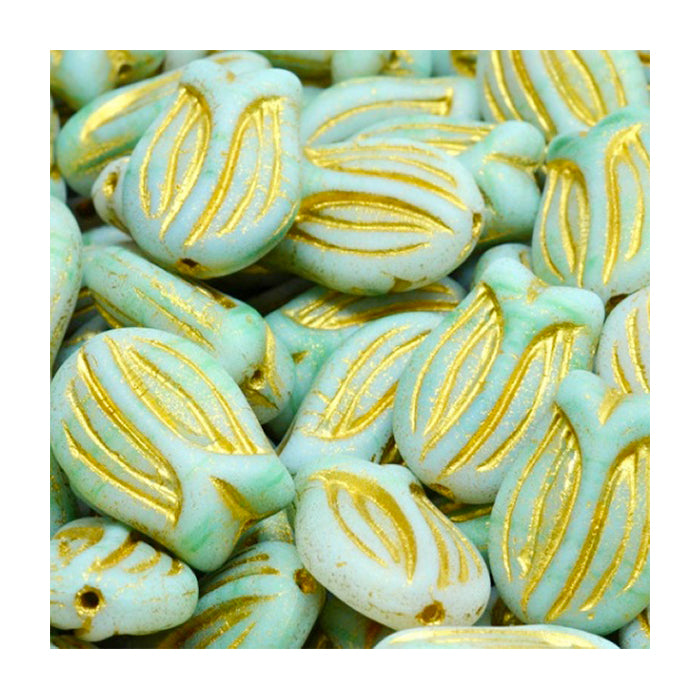 Pressed Czech glass beads flower tulip Gray Green With Gold Coating Glass Czech Republic