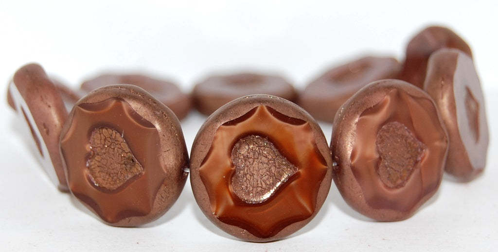 Table Cut Round Beads With Heart, 17602 Bronze (17602 14415), Glass, Czech Republic