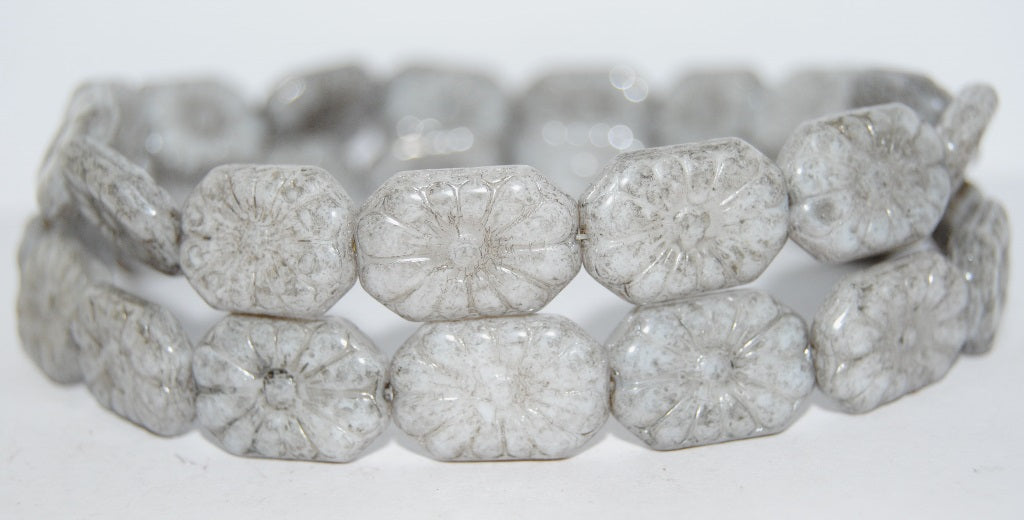 Rounded Rectangle With Flower Pressed Glass Beads, White Luster Black (2010 14449), Glass, Czech Republic