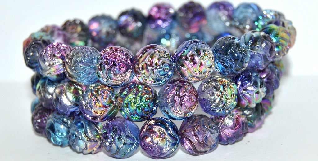 Round Rose Pressed Glass Beads, Crystal 95100 (30 95100), Glass, Czech Republic