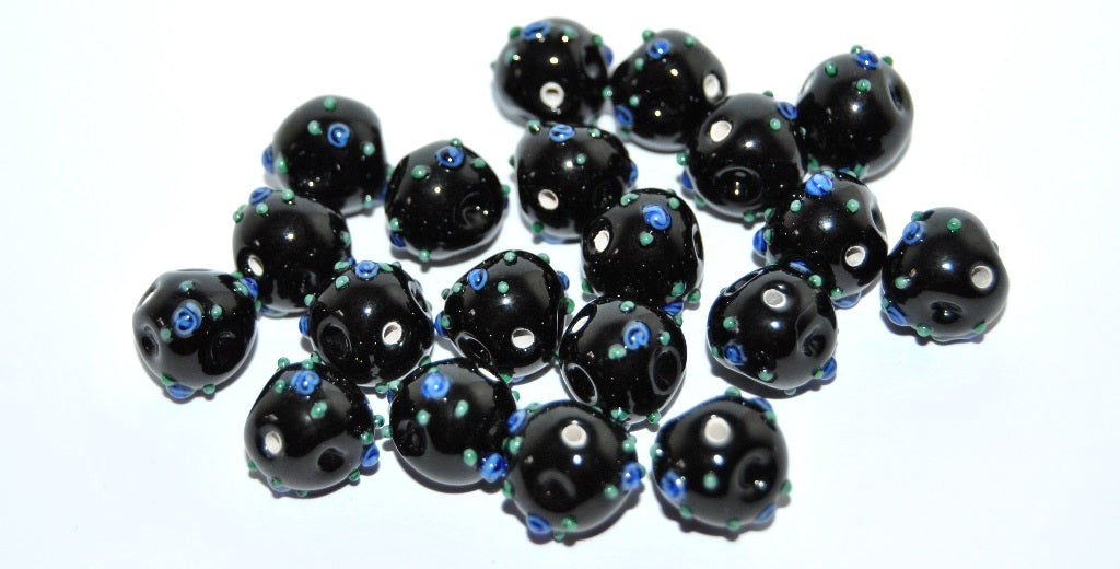 Czech Glass Hand Made Round Lampwork Beads With Flower, (10 F), Glass, Czech Republic