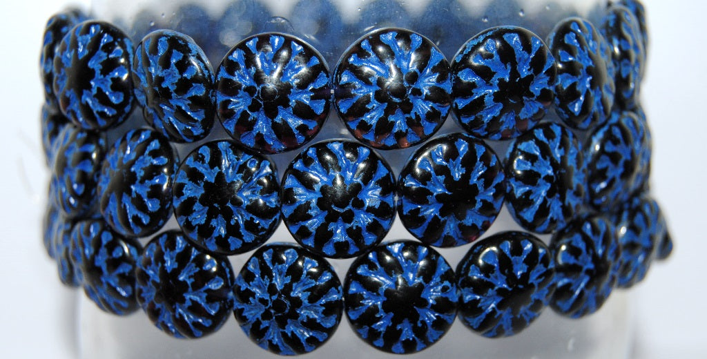 Round Flower Edelweiss Pressed Glass Beads, Black 46430 (23980 46430), Glass, Czech Republic
