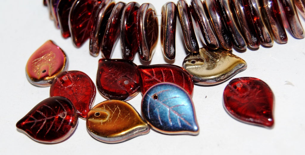 Leaf Pressed Glass Beads, Transparent Red 29500 (90060 29500), Glass, Czech Republic