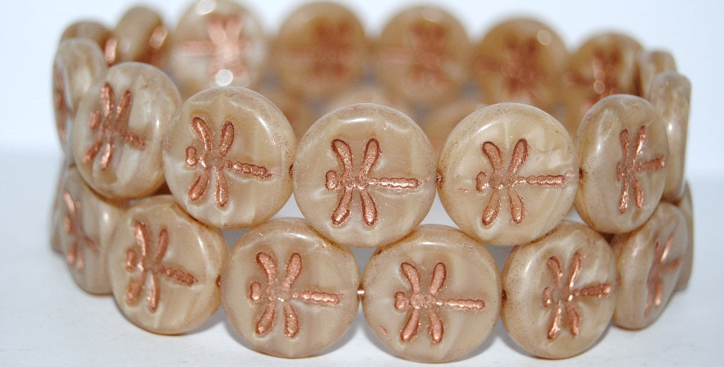 Round Flat Wit Dragonfly Pressed Glass Beads, (16017 54200), Glass, Czech Republic