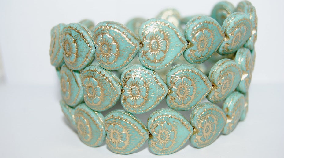 Heart With Flower Pressed Glass Beads, Turquoise 54202 Antiq (63130 54202 Antiq), Glass, Czech Republic