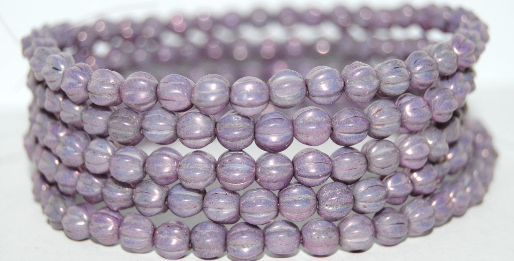 Melon Round Pressed Glass Beads With Stripes, White Purple (2010 15726), Glass, Czech Republic