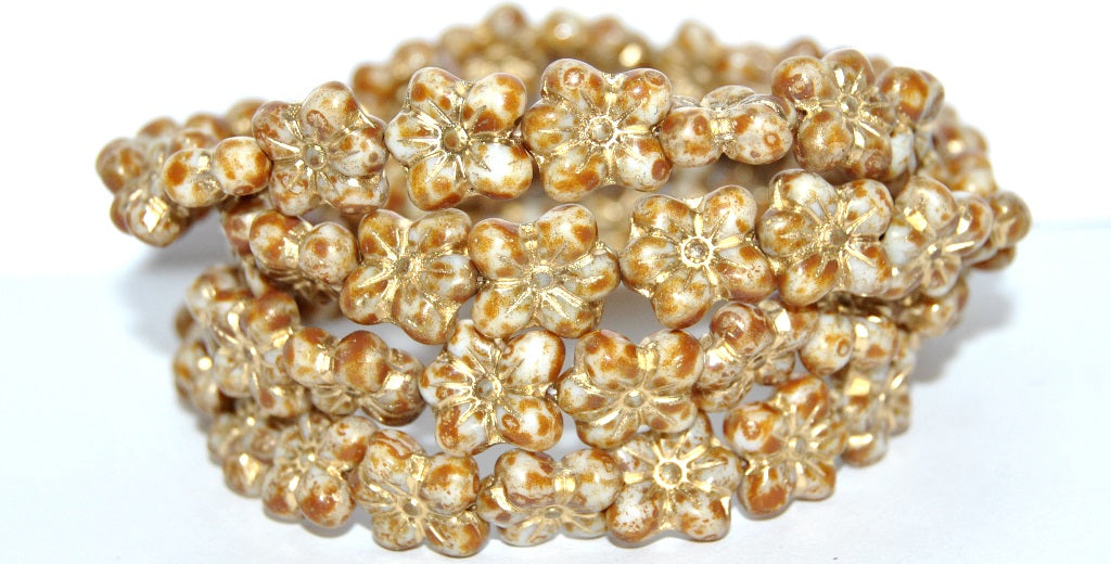 Flower Pressed Glass Beads, White Travertin 54202 (2010 86800 54202), Glass, Czech Republic