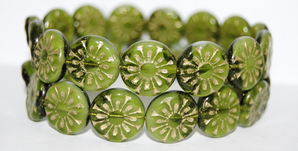 Flat Round With Flower Pressed Glass Beads, Olive Green 54202 (6508 54202), Glass, Czech Republic