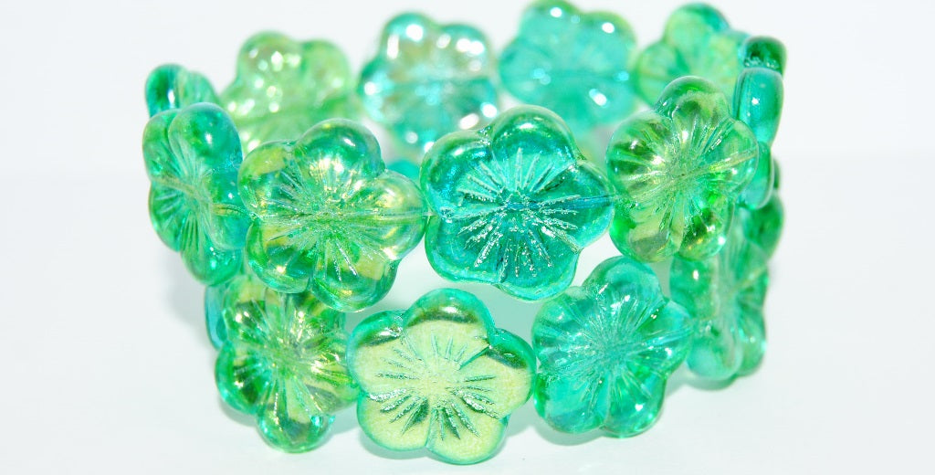 Round Flower Hibiskus Pressed Glass Beads, 48110 (48110), Glass, Czech Republic