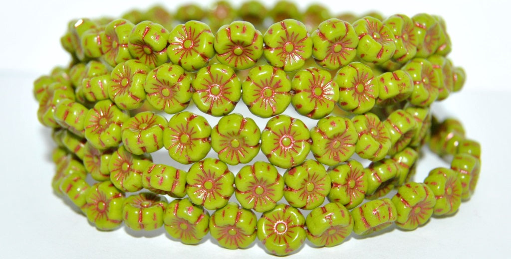 Hawaii Flower Pressed Glass Beads, Opaque Green 43806 (53400 43806), Glass, Czech Republic