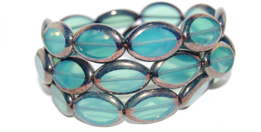 Table Cut Oval Beads Roach, Opal Aqua Bronze (61100 14415), Glass, Czech Republic