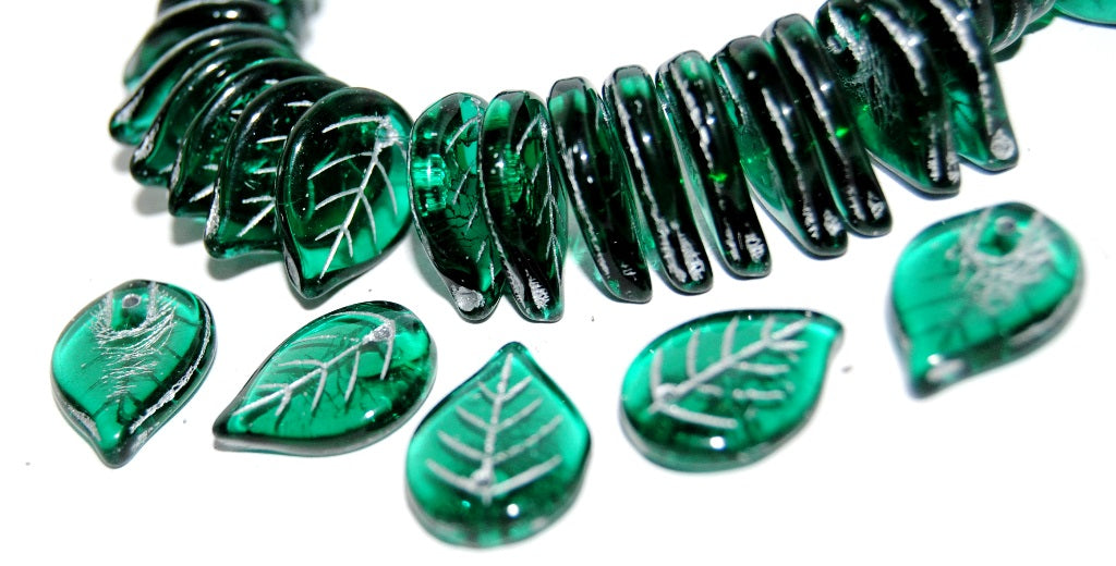 Leaf Pressed Glass Beads, Transparent Green Emerald 54201 (50710 54201), Glass, Czech Republic