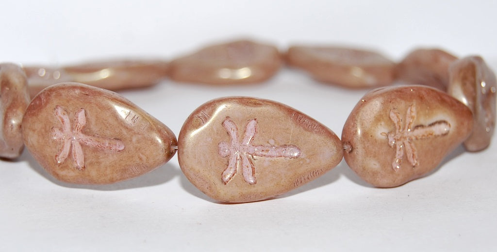 Leaf With Drahonfly Pressed Glass Beads, White Luster Red Full Coated (2010 14495), Glass, Czech Republic