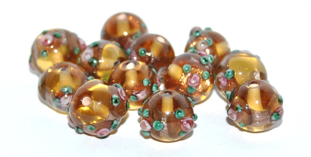 Czech Glass Hand Made Round Lampwork Beads With Flower, (A), Glass, Czech Republic