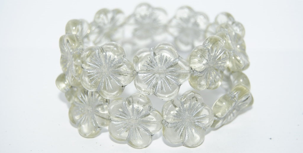 Round Flower Hibiskus Pressed Glass Beads, Transparent Yellow 54201 (80100 54201), Glass, Czech Republic