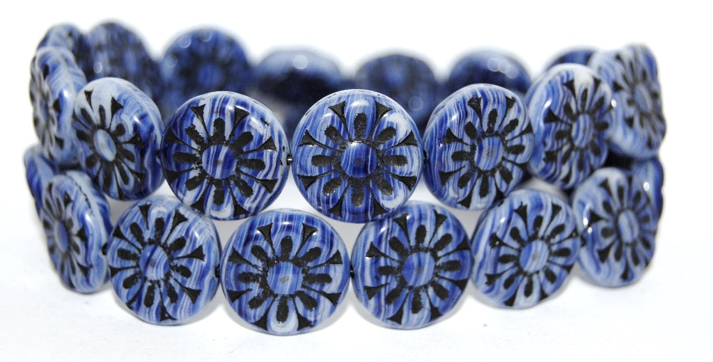 Flat Round With Flower Pressed Glass Beads, Opaque White Blue Striped 23202 (35000 23202), Glass, Czech Republic