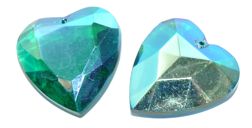 Cabochons Heart Faceted Flat Back Pendant With Hole, (Emerald Ab 2Xside), Glass, Czech Republic