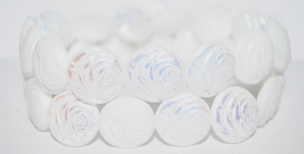 Round Flat Rose Flower Pressed Glass Beads, White Ab (2010 Ab), Glass, Czech Republic