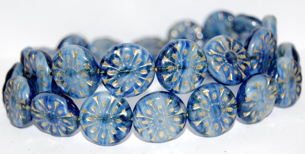 Flat Round With Flower Pressed Glass Beads, (65014 54202), Glass, Czech Republic