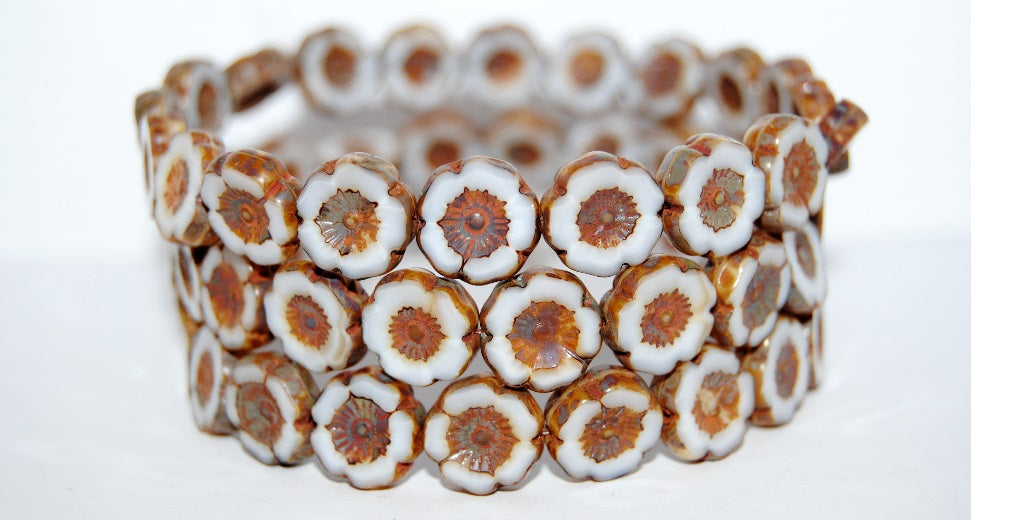 Table Cut Round Beads Hawaii Flowers, Dark Beige 43400 (7193 43400), Glass, Czech Republic